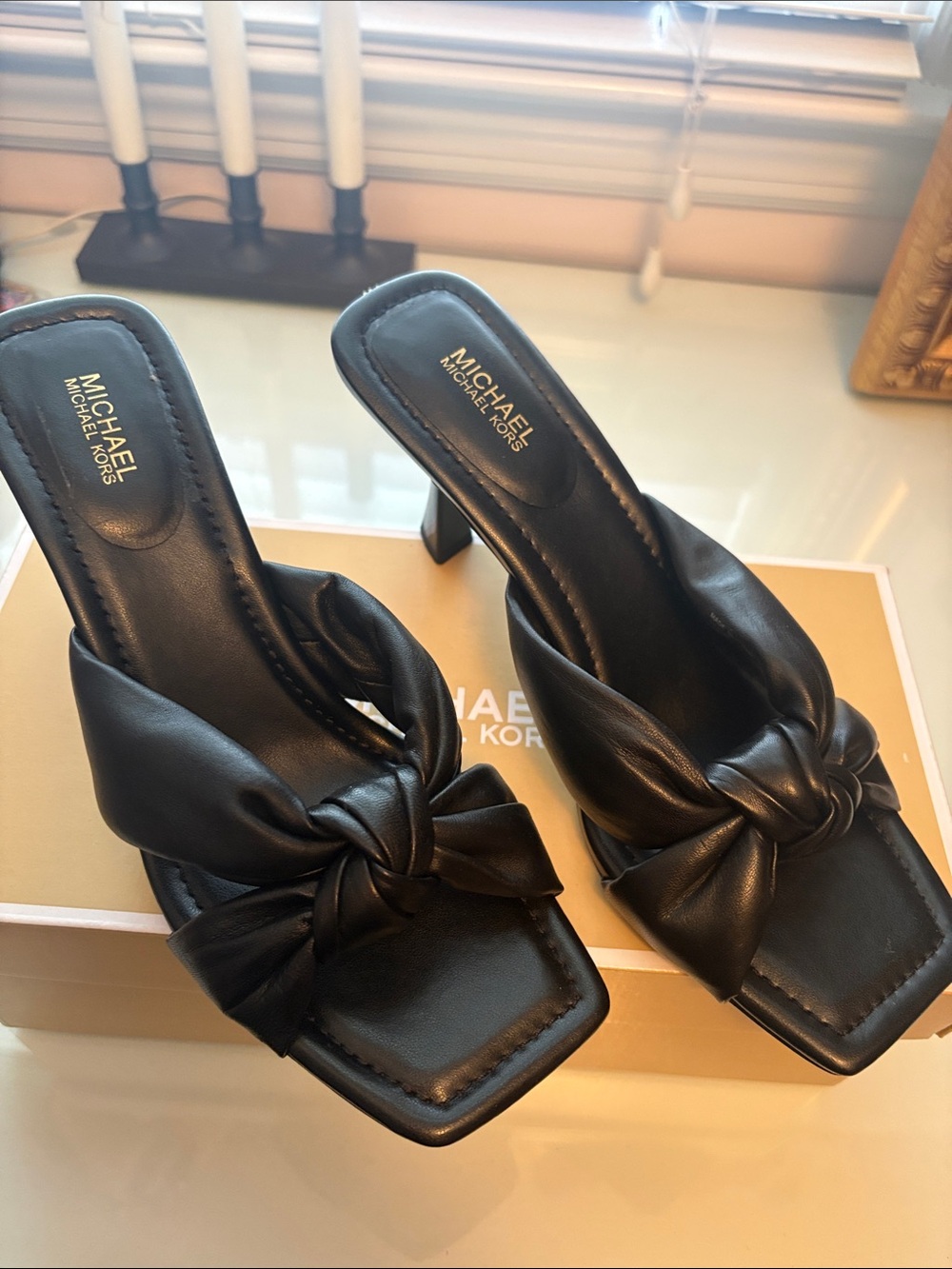 MICHAEL Michael Kors Black Knotted Square-Toe Mule Heels